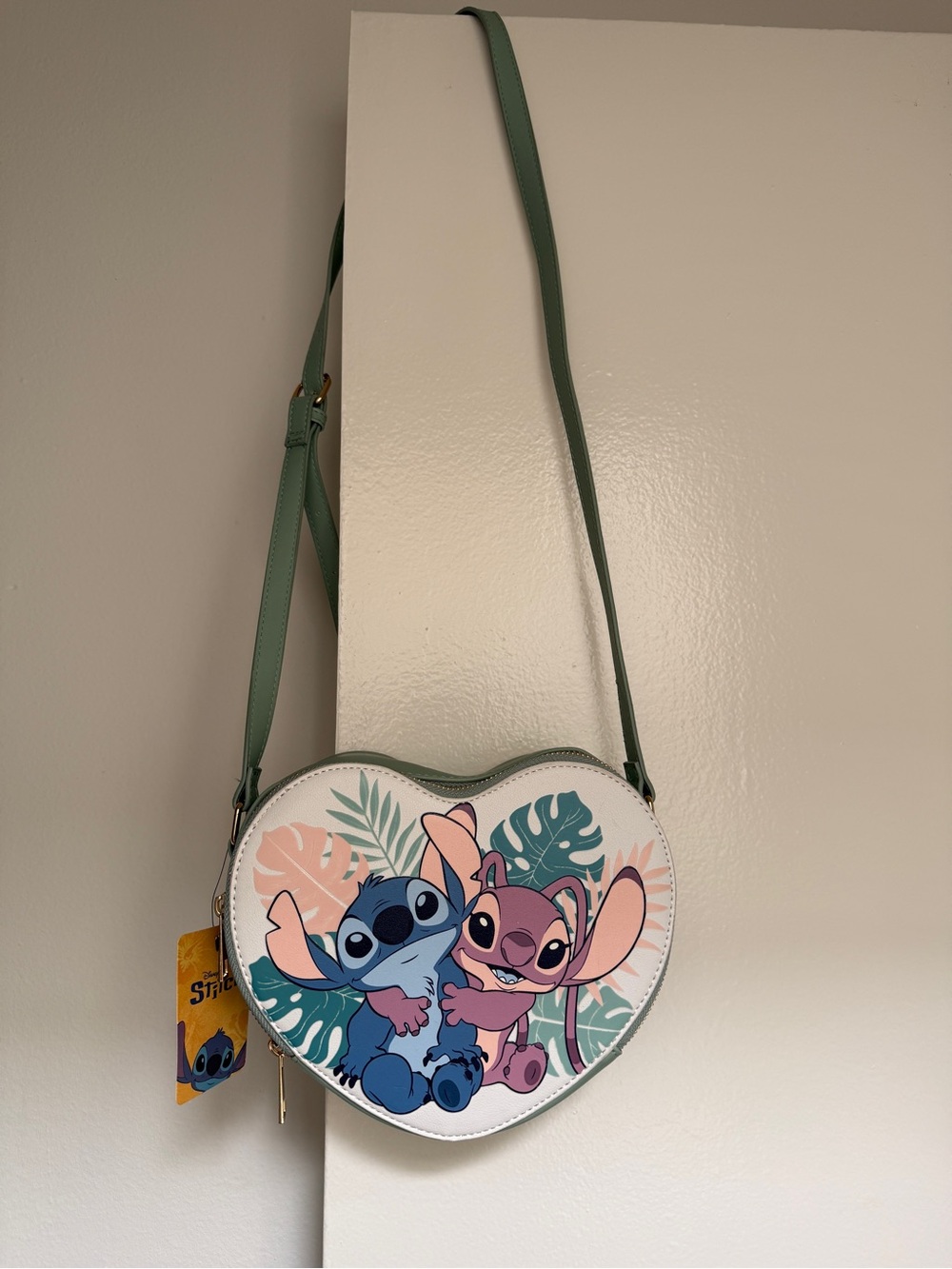 Disney Heart Crossbody with Stitch & Angel in Sage Green and Pastel Pink